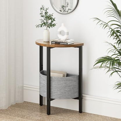 Small Round Side Table, Accent End Table with Storage Basket, Set of 2 Half Round Coffee Table End Table, Half Moon Bedside Table, Modern Nightstand Couch Table for Living Room Bedroom, Brown - color: Rustic Brown