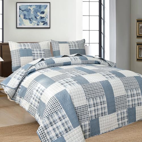 Ycosy King Size Plaid Quilts Blue White Stripes Bedspread Coverlets Reversible Lightweight Patchwork Bedding Set for Boys Bedroom Decorations Blanket Throw with 2 Pillow Shams. - color: Grey Blue Stripe, size: King