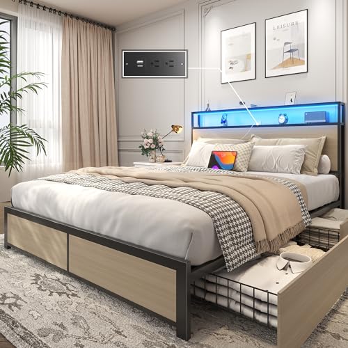 Lifezone Queen Bed Frame with 2-Tier Storage Headboard, Metal Platform Bed Frame with 4 Storage Drawers, Built in Charging Station & LED, Noise-Free/Metal Support/No Box Spring Needed, Beige - color: Beige, size: Queen