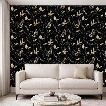 Dark Black and Gold Leaf Peel and Stick Wallpaper 17.7" x 213" | Self-adhesive removable waterproof leaf design for bedroom accent walls and renter friendly spaces - color: Black&Gold, size: 17.7" x 213"