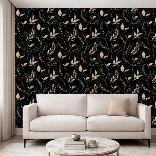 Dark Black and Gold Leaf Peel and Stick Wallpaper 17.7" x 354" | Self-adhesive removable waterproof leaf design for bedroom accent walls and renter friendly spaces - color: Black&Gold, size: 17.7" x 354"