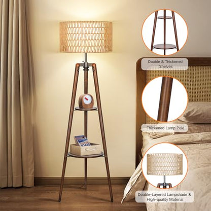 OUTON Boho Rattan Tripod Floor Lamp with Shelves, Dimmable Mid Century Modern Standing Lamp with Remote Control,Wood Tall Floor Lamps for Living Room Bedroom Office Farmhouse Bulb Included, Walnut - color: Walnut