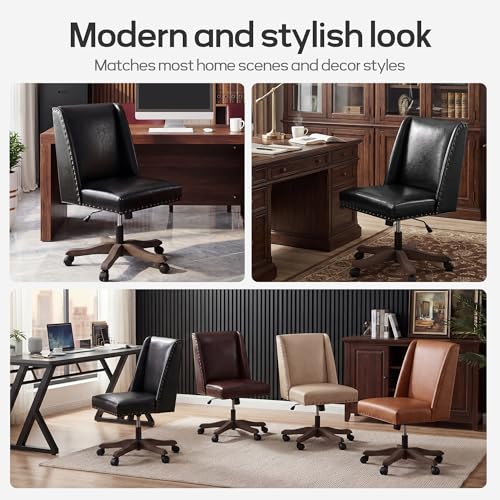 Upholstered Armless Office Chair Faux Leather Swivel Home Desk Office Chair | Modern Comfy Boho Office Chair with Wheels Adjustable Desk Chair no Arms for Sewing Women Farmhouse Study Studio PU Black - color: Black