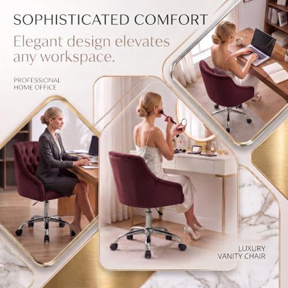 MOJAY Velvet Office Swivel Chair, Vanity Fabric Desk Pretty Fancy Gold Office Chairs for Girls, 360°Swivel Height Adjustable Reception Chair (Burgundy) - color: Burgundy