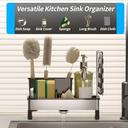 Stainless Steel Sink Caddy, Kitchen Sink Sponge Holder with Brush Holder and Towel Rack, Soap Dispenser Kitchen Organizers Storage Essentials, Dish Organizer for Countertop