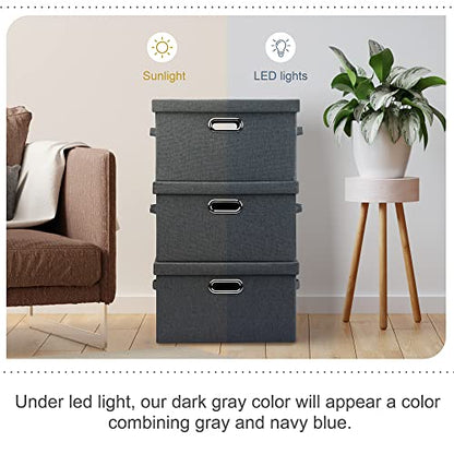 Graciadeco Medium 15" 21 Quart Collapsible Stackable Storage Bins with Lids, 3 Packs Dark Grey Foldable Fabric Closet Boxes Heavy-duty Linen Cube Baskets Container for Bedroom Office (15 x 11 x 8) | 21 Quart 3 Pack Dark Gray Collapsible Stackable Linen Fa