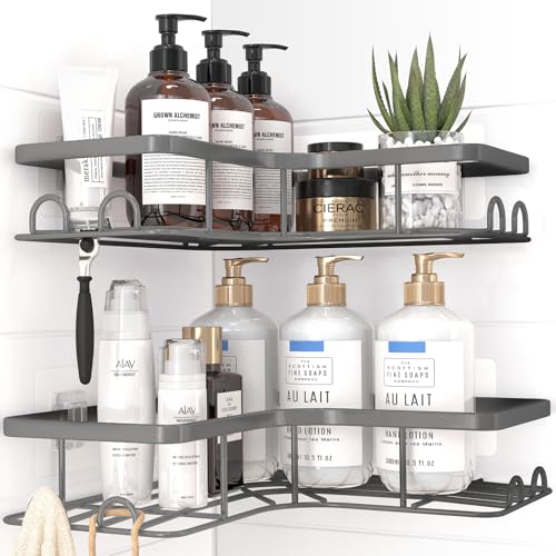 Sakugi Corner Shower Caddy - 2 Pack, Adhesive Shower Organizers, Rustproof Stainless Steel Shower Shelves with 8 Hooks, No Drilling Bathroom Organizers and Storage Racks, Space-Saving, Grey, Large - color: Grey, size: Large