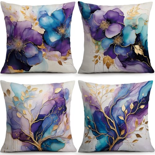 OBSEDE Purple Blue Floral Decorative Throw Pillow Covers 20x20 in Set of 4 | Faux Linen, Single-Sided Art Print, Invisible Zipper, Modern Couch Home Decor, Gift For Friends, Cozy Bed Sofa Cushion Cases - color: Gilded Ink Bloom, size: 20" x 20" (Pack of 4