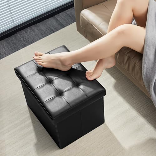 Bsketa Storage Ottoman Bench,17 Inch Folding Leather Foot Rest Stool, Black | Small Ottoman with Side Pockets, Thicker Foam Padded Seat, Livingroom, Dorm, Bedroom, Easy to install, 43L,17x13x13in - color: Black-1 Pack