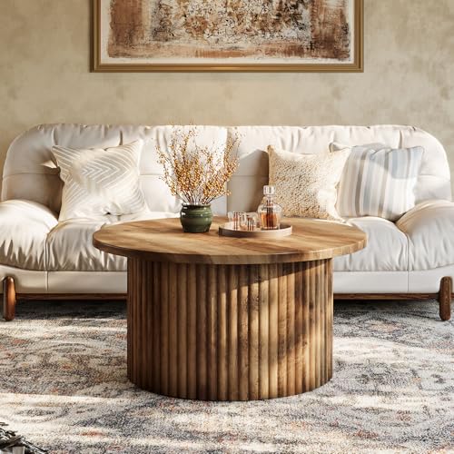 Tribesigns Round Coffee Table, 31.5" Farmhouse Circle Center Table with Fluted Drum Base & Wooden Grain Veneer Top, Modern Wooden Accent Cocktail Table for Small Space, Living Room, Apartment
