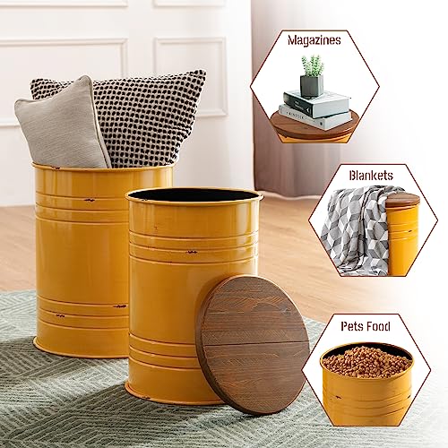 Glitzhome Rustic End Table Set of 2, Farmhouse Galvanized Metal Barrel Ottoman Storage Stool with Round Wood Lid for Living Room Furniture, Yellow - color: Yellow