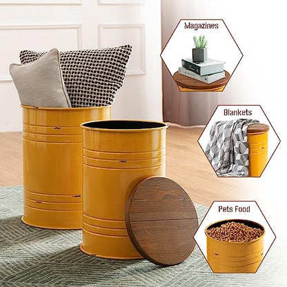 Glitzhome Rustic End Table Set of 2, Farmhouse Galvanized Metal Barrel Ottoman Storage Stool with Round Wood Lid for Living Room Furniture, Yellow - color: Yellow