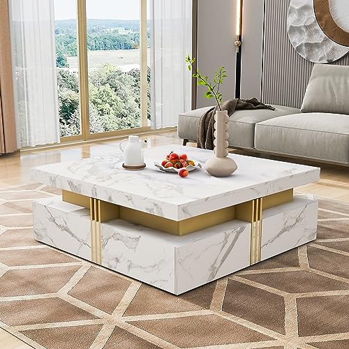 Modern White Square Storage Coffee Table with 4 Drawers for Living Room - color: White1