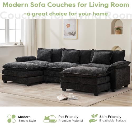 120" Modular Sectional Sofa, Comfy Deep Cloud Couch with Ottoman | U-Shaped Couches for Living Room, Modular Couch, Deep and Wide Seat, Chenille Sofa Sleeper with Throw Pillows, Black - color: Black, size: 120 Inch U