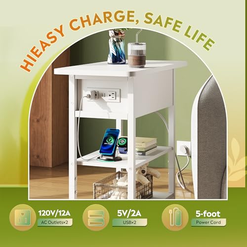 WLIVE 3-Tier End Table with Charging Station Flip Top Narrow Nightstand | 2 USB Ports+2 AC Outlets; Flip Top Hidden Storage; 2 Open Shelves; Small Space Living Room Bedroom; Sturdy Carbon Steel Frame - color: White