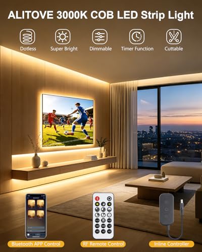 ALITOVE 16.4FT COB LED Strip Lights 24V Warm White 3000K with APP Remote | Strong Adhesive LED Tape Light, Flexible Cuttable LED Light Strip, Bright & Dimmable, for Bedroom Cabinet Kitchen Backlight - color: 3000K Warm White, size: 16.4FT