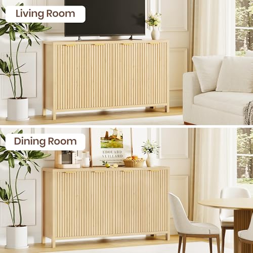 Fluted Buffet Cabinet with Storage, 55" Sideboard Cabinet with 4 Doors, Modern Credenza Accent Console Cabinet Coffee Bar Table for Living Room Dining Room Hallway, Oak - color: Oak