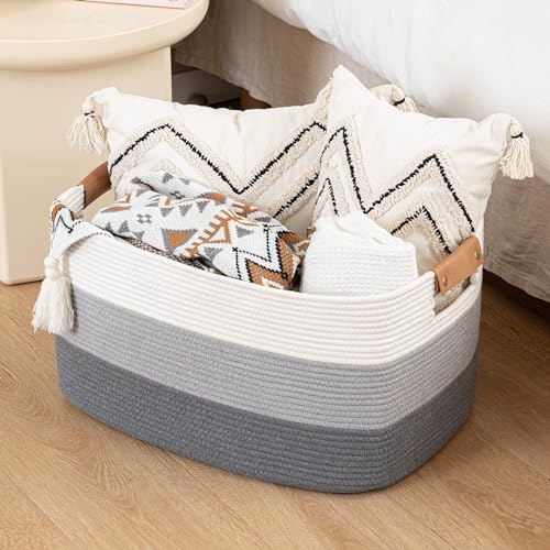 Blanket Basket, 72L Rectangle Large Basket for Living Room, Baby Room & Laundry, Woven Cotton Rope Toy Bin Baby Nursery Room Storage, 22’’*17’’*11.8’’, Gradient Grey - color: Gradient Grey, size: 72L