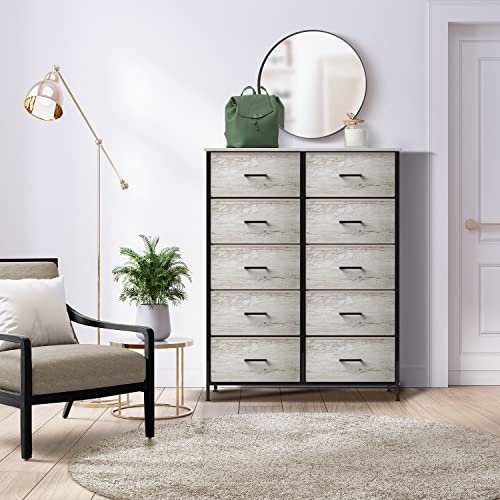 Sorbus Dresser with 10 Faux Wood Drawers - Chest Organizer Unit with Steel Frame Wood Top & Handle Easy Pull Fabric Bins for Clothes - Storage Furniture for Bedroom, Hallway, Living Room & Closet - color: Greige, size: 12"D x 34"W x 47"H (10 Drawers)