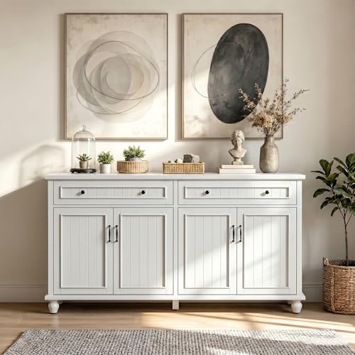 Farmhouse Buffet Cabinet with Drawer, 62'' White Coffee Bar for Living Room | Vintage Sideboard for Dining Room, 2 Spacious Drawers and Adjustable Shelves, Painted Finish, Heavy Duty, Large Wood TV Stand - color: White, size: 4 Doors with Drawers