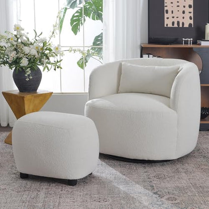 KINWELL Round Boucle Upholstered Ottoman Chair Padded Seat Footstool, Beige | Easy Assembled Modern Soft Sofa Couch Loveseat Chair Footrest, Extra Seating for Bedroom Entryway, 18.5" D x 23" W x 16.5" H - color: Beige