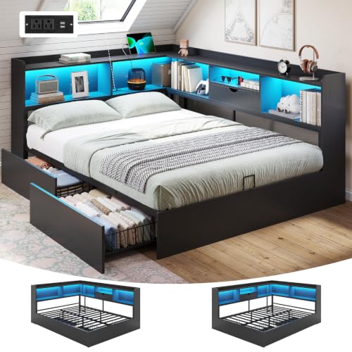 DICTAC Corner Full Bed Frame with Storage Bookcase & Headboard, Full Size Platform Corner Bed Frame with 2 Drawers, LED Lights and Charging Station, Wood Daybed for Kids Teen with Metal Slats, Black - color: Black, size: Full