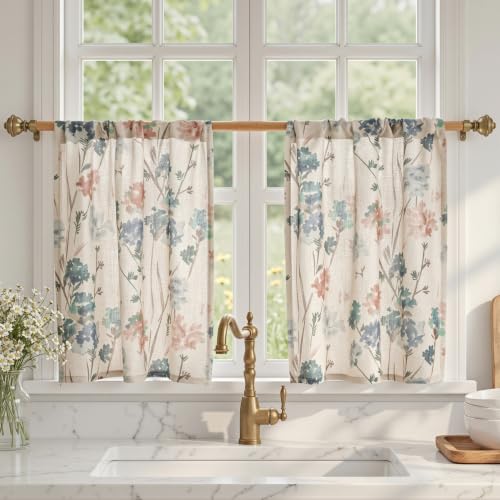 MYSKY HOME Floral Linen Kitchen Tier Cafe Curtains 24 Inch Length 2 Panels Farmhouse Semi Sheer Privacy Small Window Treatments Rod Pocket for Bathroom Basement, Brown, 30 inch Wide - color: A-brown, size: 30"W x 24"L (Pack of 2)