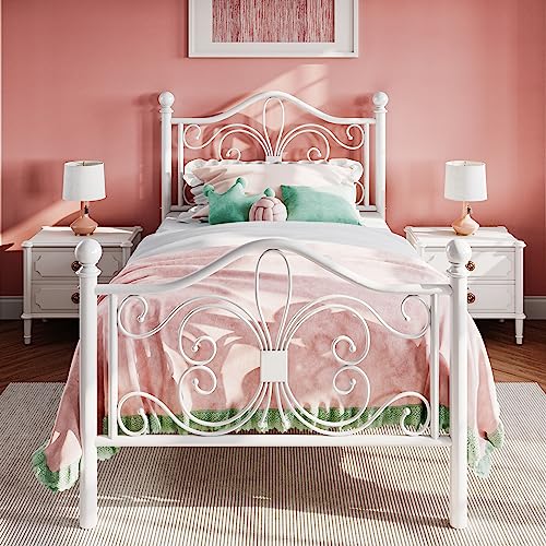 SHA CERLIN Twin Size Metal Bed Frame with Butterfly Headboard, White | Metal Platform Bed for Kids, Wrought Iron-Art Headboard/Footboard, Under-Bed Storage, No Box Spring Needed, Easy Assembly - color: White, size: Twin