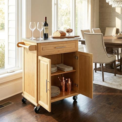 Christopher Knight Home ZAH Bamboo Rolling Cart with Drawers, Kitchen Bar Cart on Wheels with Stainless Steel Top, Mobile Rolling Kitchen Cart Storage Cabinet, Serving Cart, 29.13'' x 18.5'', Natural - size: Small