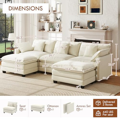 111.4" Modular Sectional Sofa, U Shape Cloud Couch with 2 Movable Ottoman, Comfy Chenille Deep Seat Sofa with Soft Pillows for Living Room Bedroom Apartment (Beige) - color: Beige, size: 111.4" U Sofa