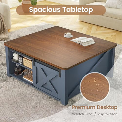 SEDETA 31.5" Lift Top Coffee Table with Storage, Square Coffee Tables for Living Room, Farmhouse Coffee Table with Large Hidden Storage Compartment and Adjustable Shelves, Blue - color: Blue