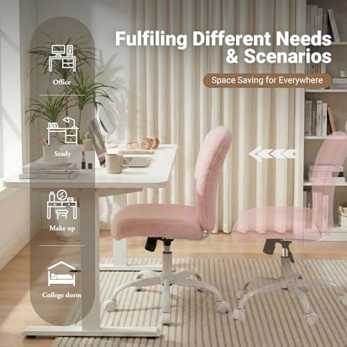Vanity Chair with Wheels, Armless Office Chair Height Adjustable, Cute Desk Chair with Soft Lumbar Support for Small Space, Bedroom, Make-up Room, Pink - color: Pink