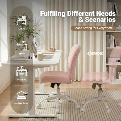 Vanity Chair with Wheels, Armless Office Chair Height Adjustable, Cute Desk Chair with Soft Lumbar Support for Small Space, Bedroom, Make-up Room, Pink - color: Pink