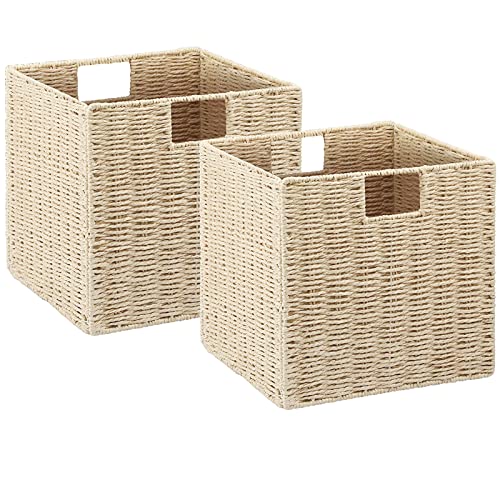 Wicker Storage Basket, Set of 2 Hand-Woven Paper Rope Wicker Baskets, Foldable Cube Storage Bins, Beige Storage Basket, Square Baskets for Organizing Shelves & Decor, Beige(13″×13″×13″) - color: Beige, size: 13'' x 13'' x 13''