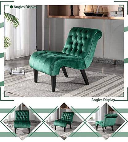 Comfy Velvet Accent Chair, Tufted Armless Side Chair with Rolled Edge | Modern Small Lounger for Living Room, Upholstered Reading Chaise Lounge with Solid Rubber Wood Legs, Green - color: Green, size: Set of 1