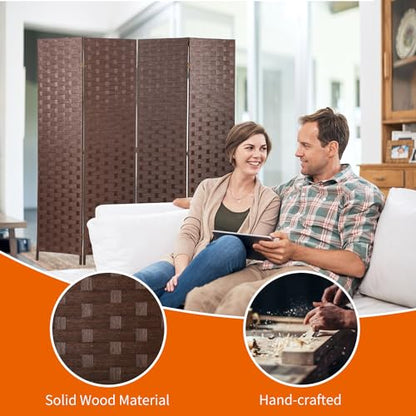 BLKMTY Room Divider, 6ft Folding Privacy Screens, Wall Divider Portable Room Seperating Freestanding Wood Screen, 4 Panels Hand-Woven Design Screen Double Hinged Dividers for Bedroom, Brown - color: Brown