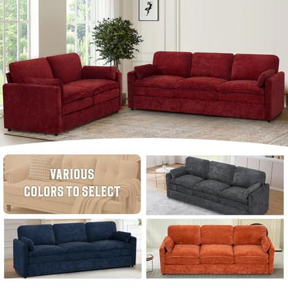 89" Chenille 3 Seats Sofa with 2 Pillows, Red | Modern Upholstered Sofa with Deeper Seats, Comfy Sofa with Thickened Cushions for Living Room, Apartment - color: Red, size: Sofa