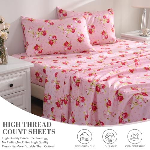 Bedlifes Floral Pattern Bed Sheet Set Twin Size, 16" Deep Pocket 3-Piece | Ultra Soft Microfiber, Breathable & Silky, OEKO-TEX Certified, Easy-Care Machine Washable, 3-Piece, All-Season Spring Bedding - color: Pink, size: Twin