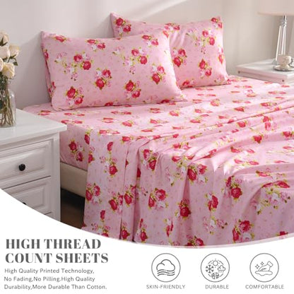 Bedlifes Floral Pattern Bed Sheet Set Twin Size, 16" Deep Pocket 3-Piece | Ultra Soft Microfiber, Breathable & Silky, OEKO-TEX Certified, Easy-Care Machine Washable, 3-Piece, All-Season Spring Bedding - color: Pink, size: Twin