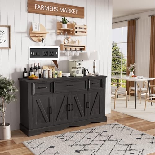 56" Black Modern Farmhouse Sideboard Buffet Cabinet with Charging Station | 4 Doors 3 Drawers, Adjustable Shelves & Soft Close Hinges, Coffee Bar Cabinet for Kitchen Living Room Entryway, Easy Assembly - color: Black, size: 3 drawers and 4 doors