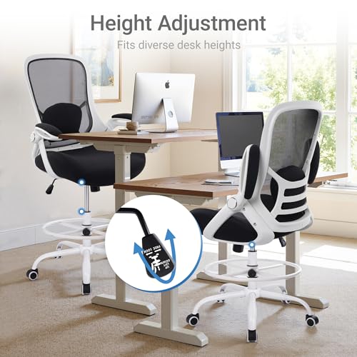 400lbs Heavy Duty Drafting Chair 5" Thickened Seat Office Chair with Flip-Up Armrests Tall Ergonomic Computer Chair with Lumbar Support and Adjustable Footrest Ring Standing Desk Chair (Black) - color: Black&white