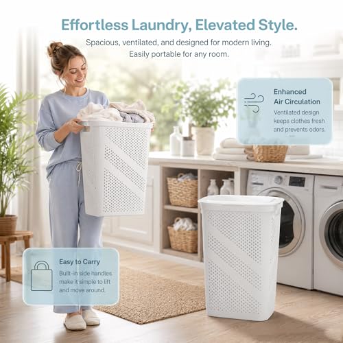 24 Inch Plastic Laundry Hamper with Lid, Slim Ventilated Clothes Basket and Large Dirty Cloth Towel Storage Bin for Laundry Rooms, Bathrooms and College Dorms, White