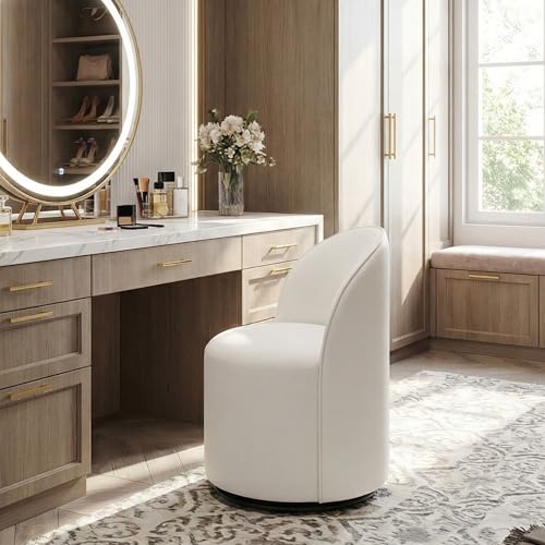 HNY Upholstered Kitchen & Dining Room Barrel Chair, Mid Century Modern Round Velvet Dining Chair, 360 Degree Swivel Comfy Armless Accent Makeup Vanity Side Chair for Bedroom Living Room, White - color: White