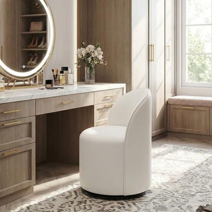HNY Upholstered Kitchen & Dining Room Barrel Chair, Mid Century Modern Round Velvet Dining Chair, 360 Degree Swivel Comfy Armless Accent Makeup Vanity Side Chair for Bedroom Living Room, White - color: White