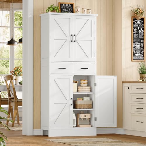 Farmhouse Pantry Cabinet, 66.9″H Tall Kitchen Storage Cabinet with Barn Doors, Adjustable Shelves & Drawer, Freestanding Cupboard for Kitchen, Dining Room, Living Room, Bathroom, White - color: White, Door Shelves