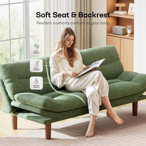 Marsail 66" Futon Sofa Bed, Futon Couch with Adjustable Backrest & Armrests, Convertible Sleeper Sofa Bed for Apartment, Living Room, Office, Corduroy Loveseat, Green