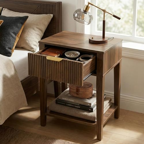 FuniXpress Small Nightstand, 15" Wide, Drawer and Shelf, Dark Walnut Fluted | Deep walnut tone, clean fluted front, 11.8-inch slim depth, smart storage, fits bedside, sofa side, or small spaces - color: Dark Walnut
