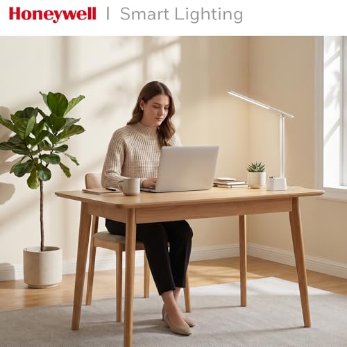 Honeywell LED Desk Lamp, Sunturalux™ White Desk Lamps for Home Office USB | Foldable LED desk lamp with USB-C/A charger, RG0 eye-safe, CRI95, stepless dimming 10%-100%, 3 color temps (3000K-5000K) - color: White