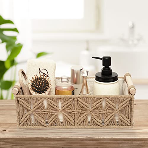 Macrame Storage Basket Boho Decor Baskets for Organizing Woven Decorative Basket for Countertop Toilet Paper Basket for Toilet Tank Top Shelf Basket with Handle for Bathroom Decor Nursery (Set of 2) - color: Beige