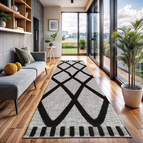 Modern Runner Rug 2x7 Luxury Diamond Pattern Micro Loop Hallway Rugs Soft High-Low Pile Stain Resistant Easy to Clean Non-Shedding Durable Entryway Kitchen Indoor Area Carpet (Black/White) - color: Bold / Black, size: 2' x 7' (Rectangular)